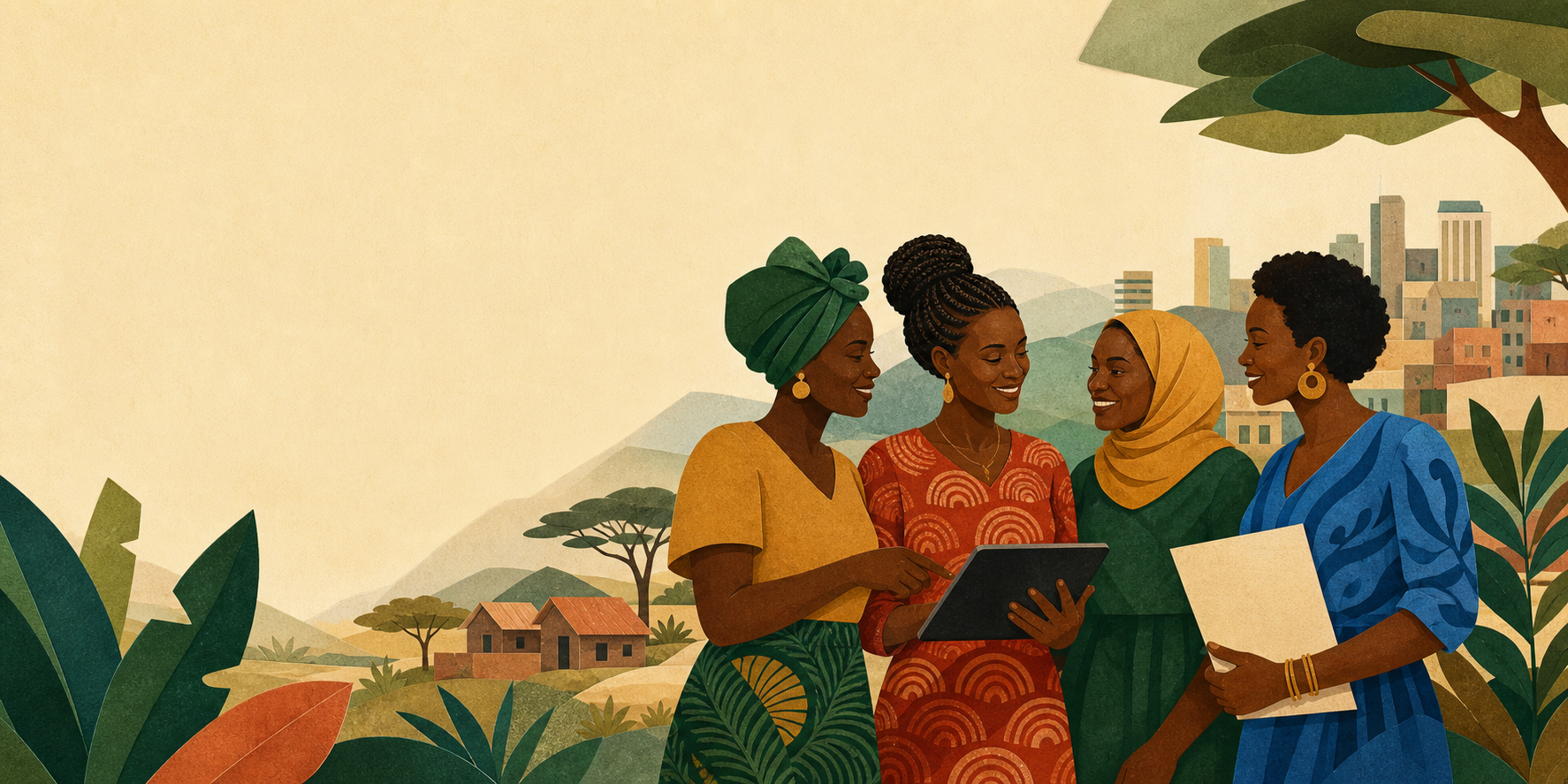 Editorial illustration of Tanzanian women supporting one another in their community
